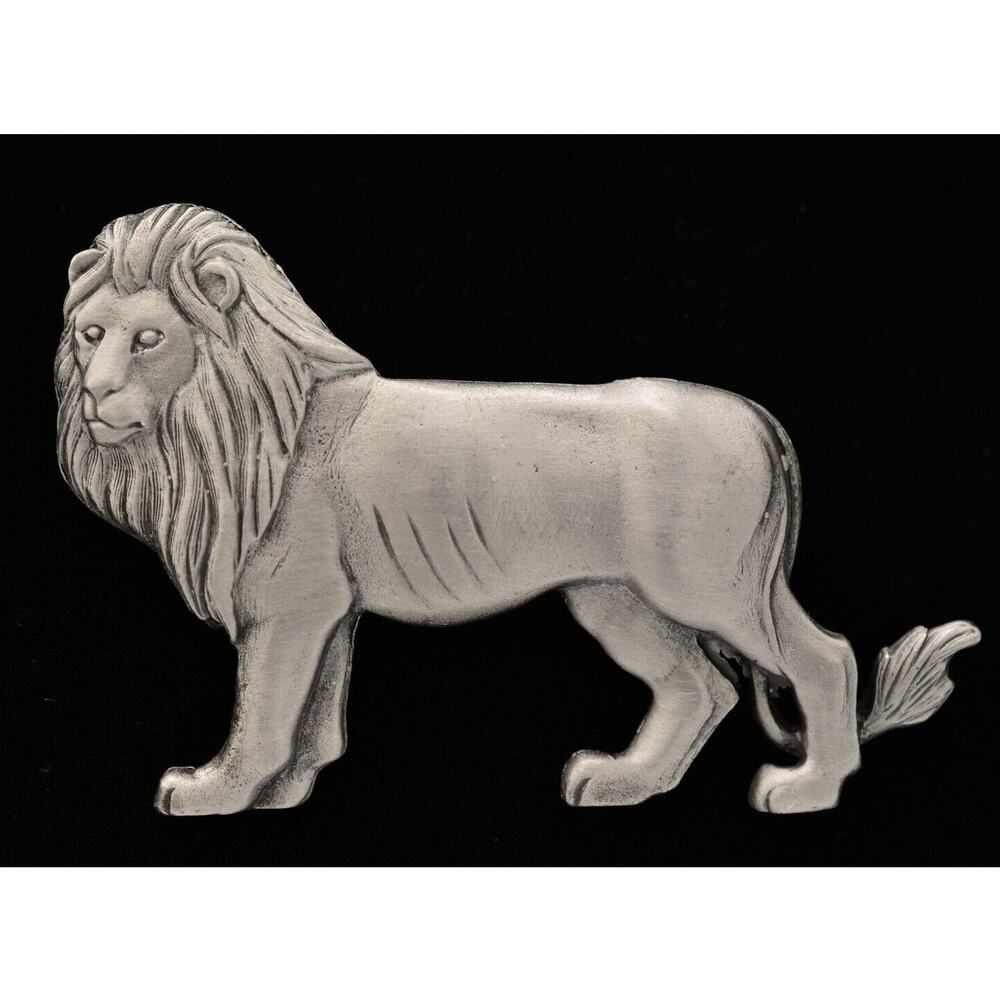 Vintage Lion Pin Brooch Pewter Tone King of Jungle Figural Chunky 1980s Bin5B